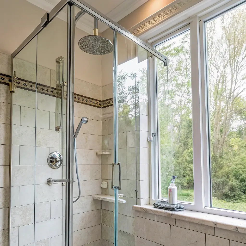 Tile shower with window and shower glass.