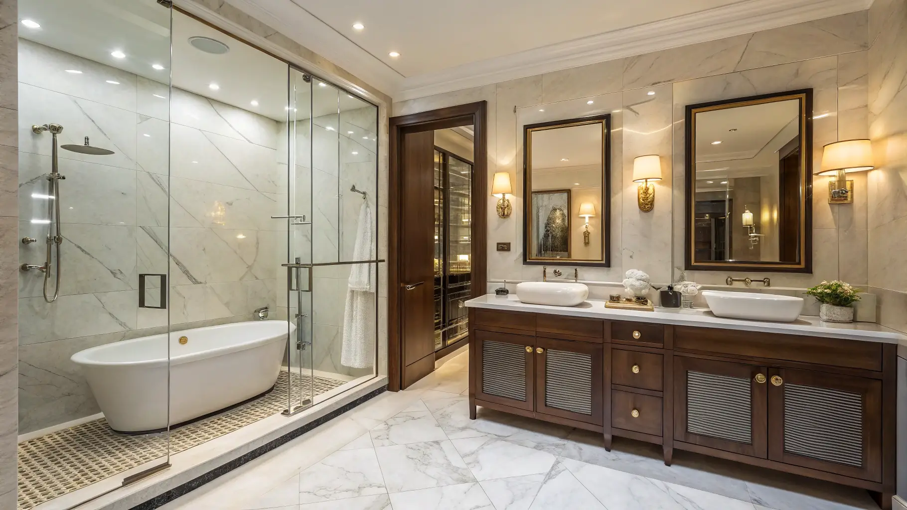 Luxurious modern bathroom featuring a freestanding bathtub, glass shower enclosure, dual sinks, marble walls, and elegant lighting, reflecting high-end remodeling design.