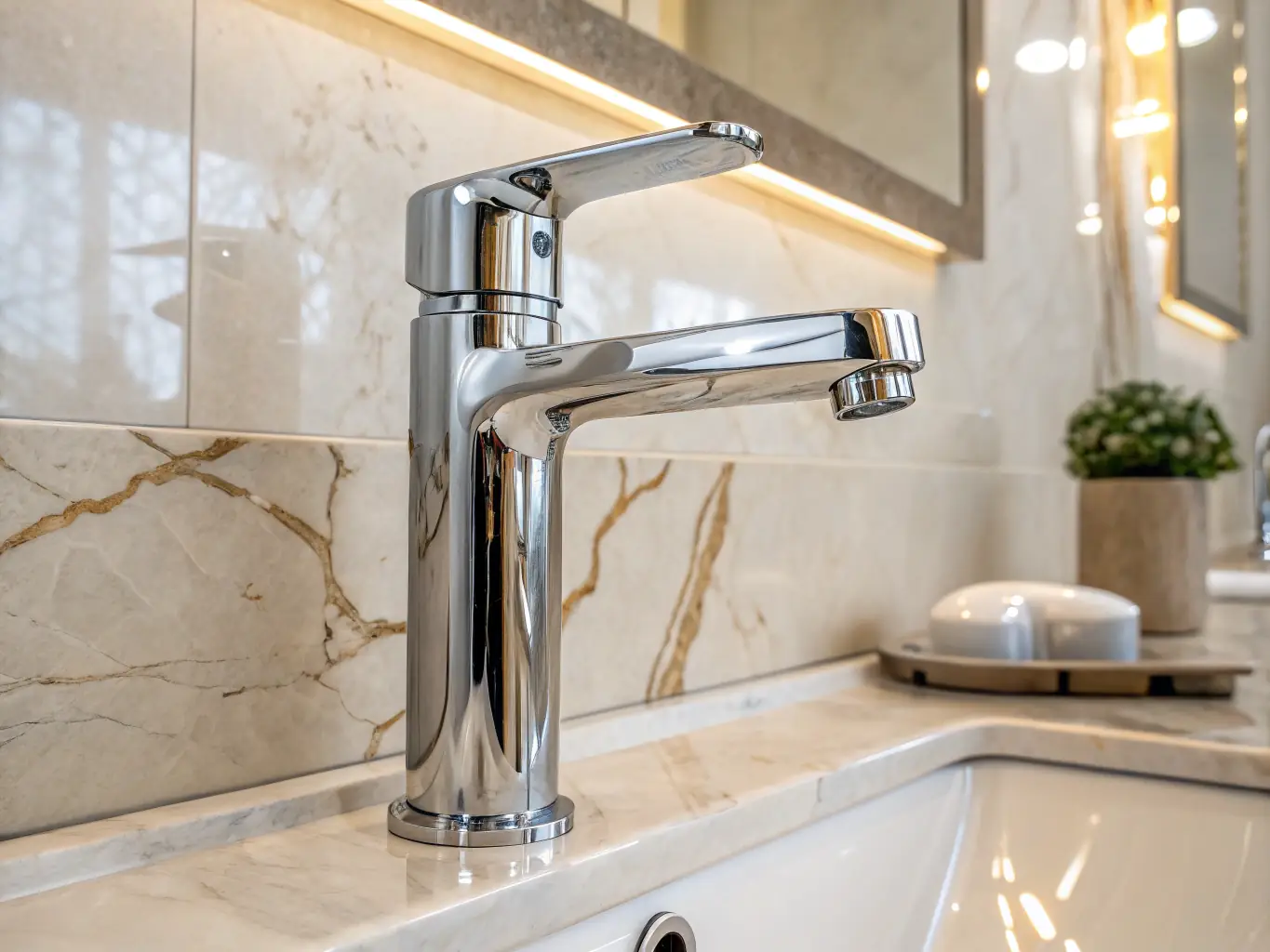 A close-up shot of newly installed bathroom fixtures, including a modern faucet and sink. The image should highlight the quality and precision of the installation.