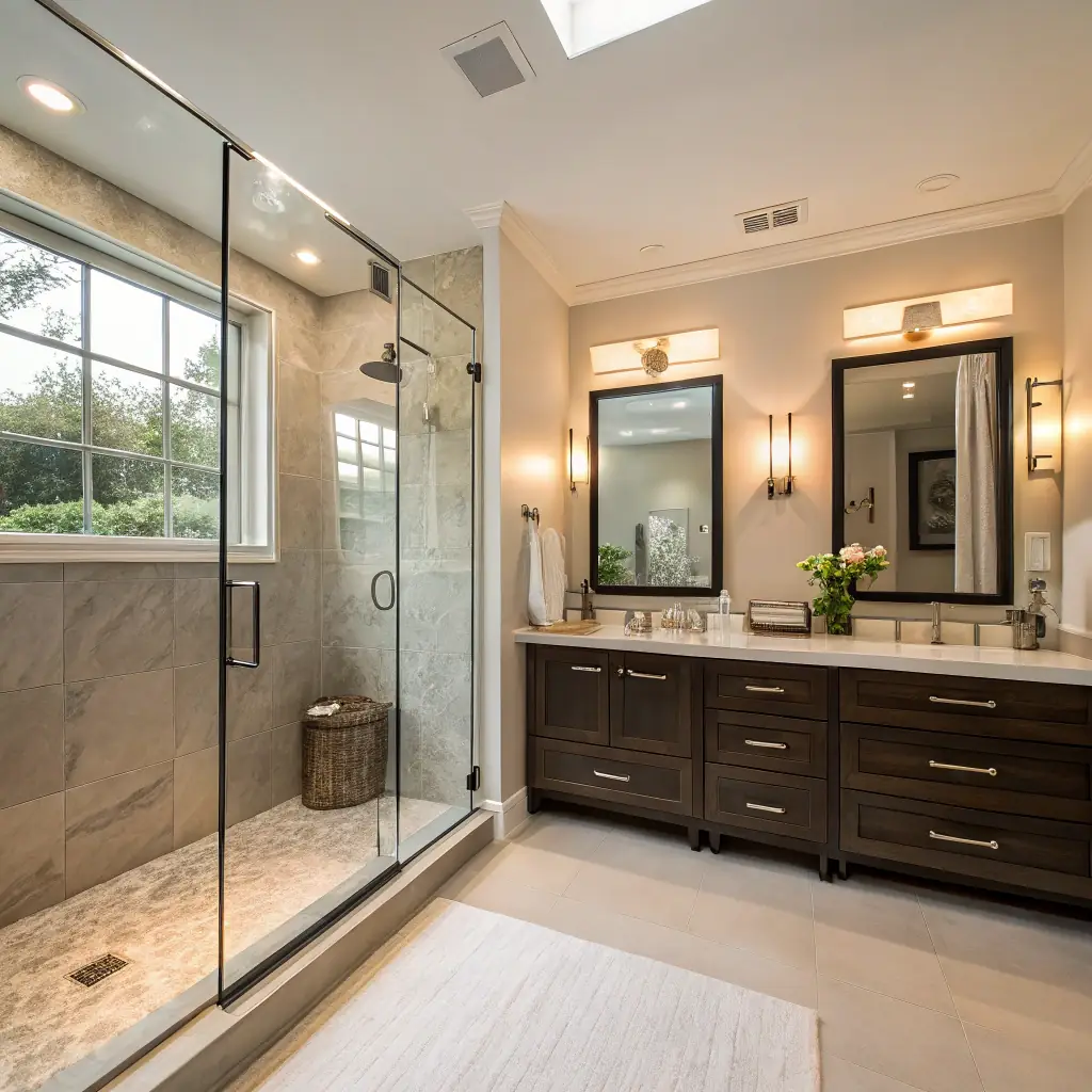 Wooden vanity with tile shower and window
