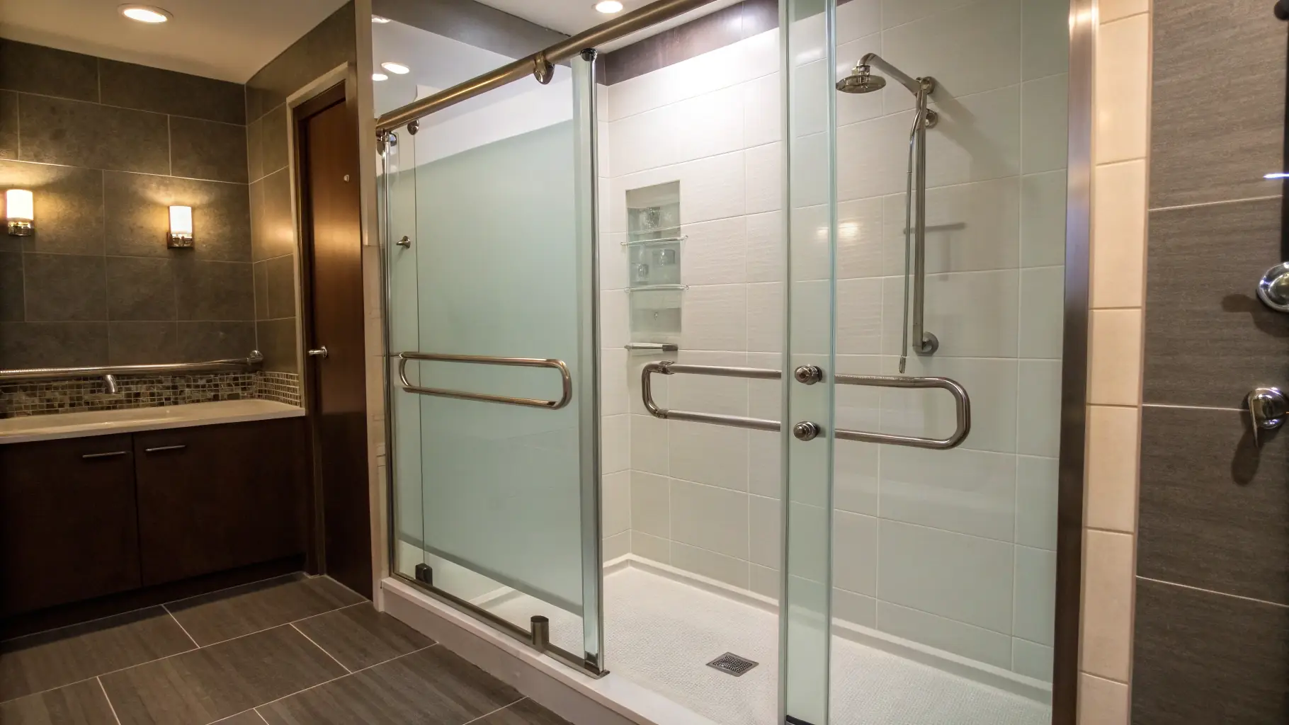 handicap shower with grab bars and safety features