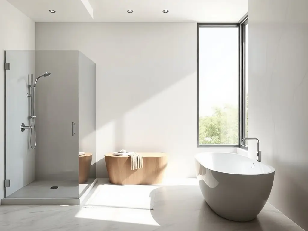 Modern shower contemporary with wood tones