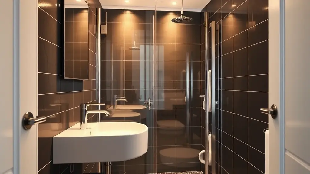 Modern bathroom design featuring sleek black tiles, a contemporary sink, and a glass shower, illustrating budget-friendly remodeling options and accessibility modifications.