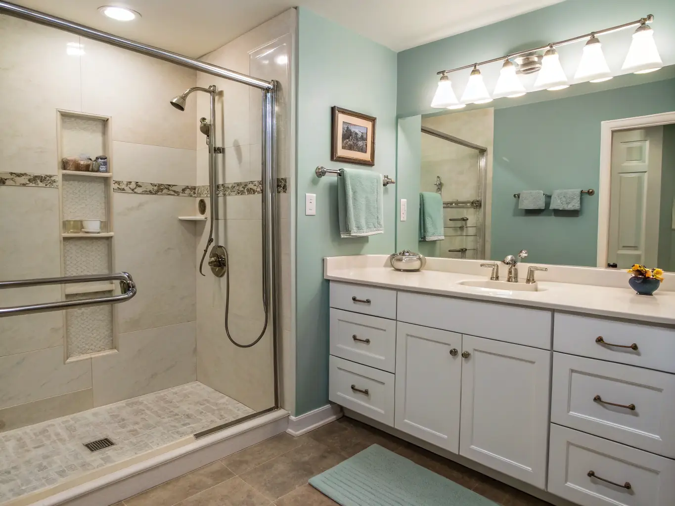 Refinished vanity, large mirror, tile shower