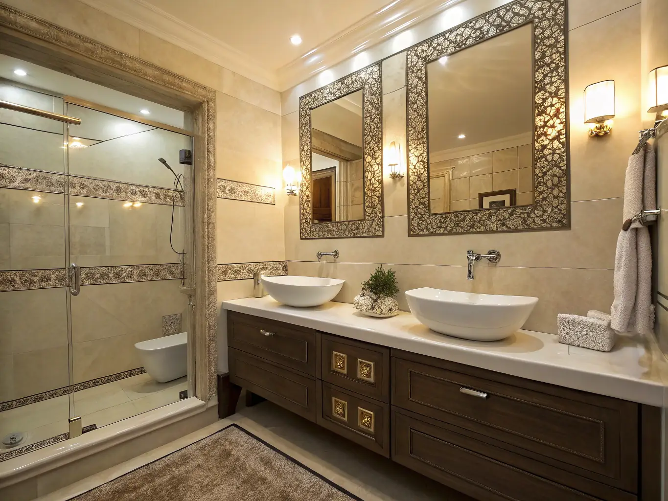 A bathroom featuring newly installed tile flooring and a stylish vanity. The image should showcase the variety of design options available.