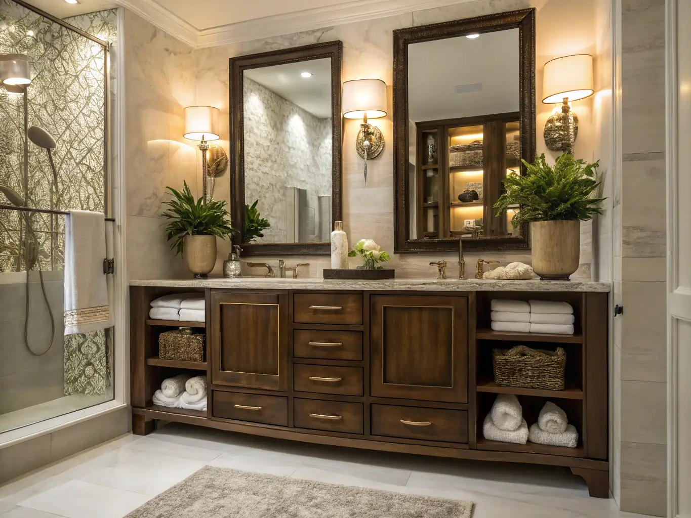 A beautifully remodeled bathroom with new tile flooring, a modern vanity, and updated fixtures. The image should convey a sense of luxury and functionality.