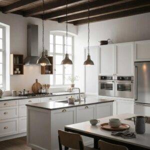 Modern kitchen design featuring sleek cabinetry and a spacious island, embodying contemporary aesthetics