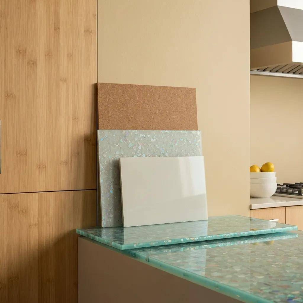 Eco-friendly kitchen materials including bamboo cabinetry and recycled glass countertops, emphasizing sustainability