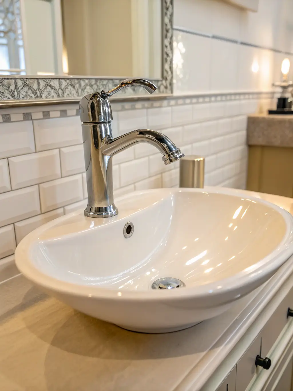 A close-up shot of newly installed, stylish bathroom fixtures, including a modern faucet and sink, highlighting Upstate Bath Renewal's attention to detail in fixture updates.