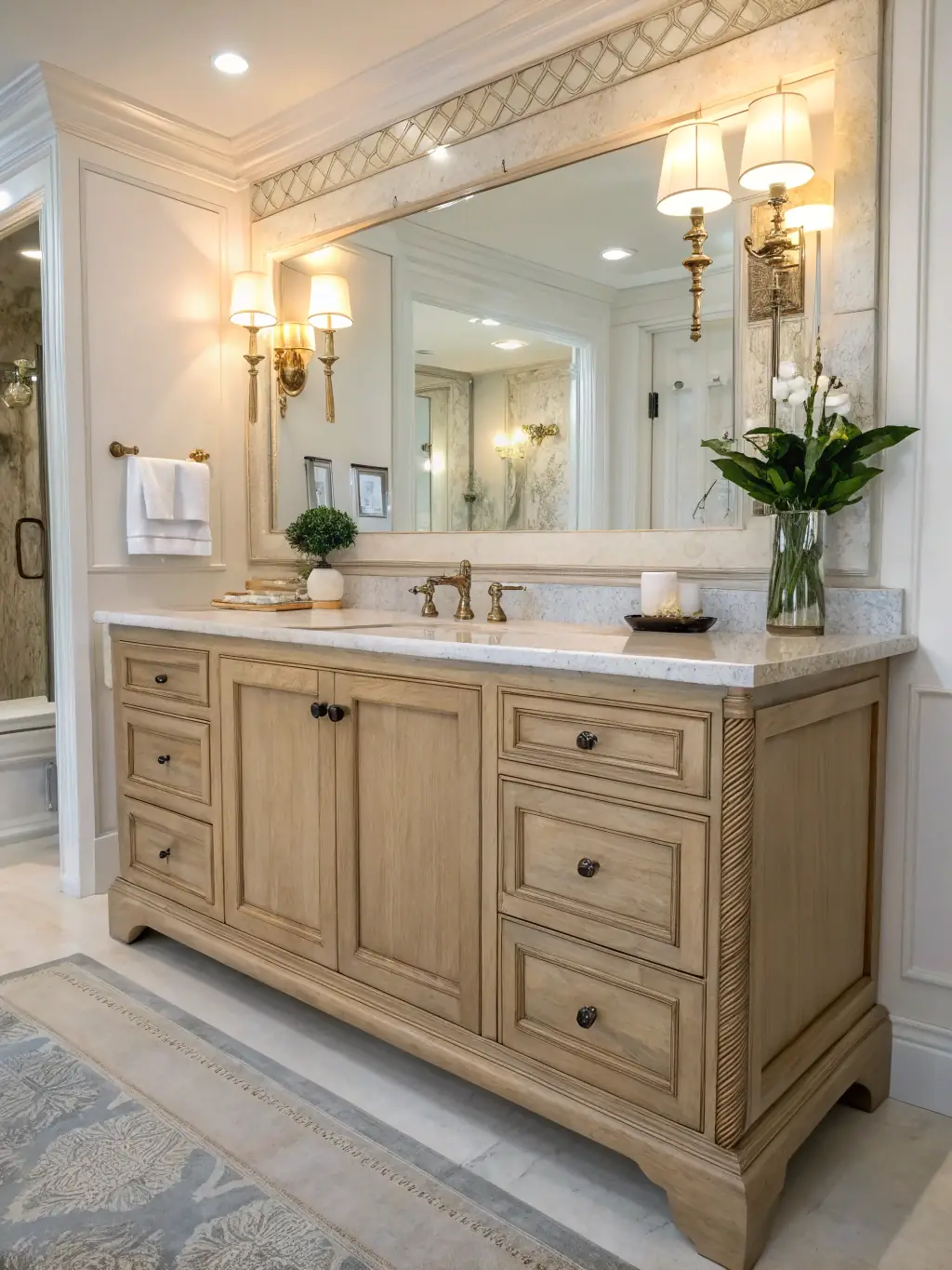 A well-lit, renovated bathroom vanity area in a Spartanburg home, showcasing new fixtures, a stylish mirror, and ample storage space.