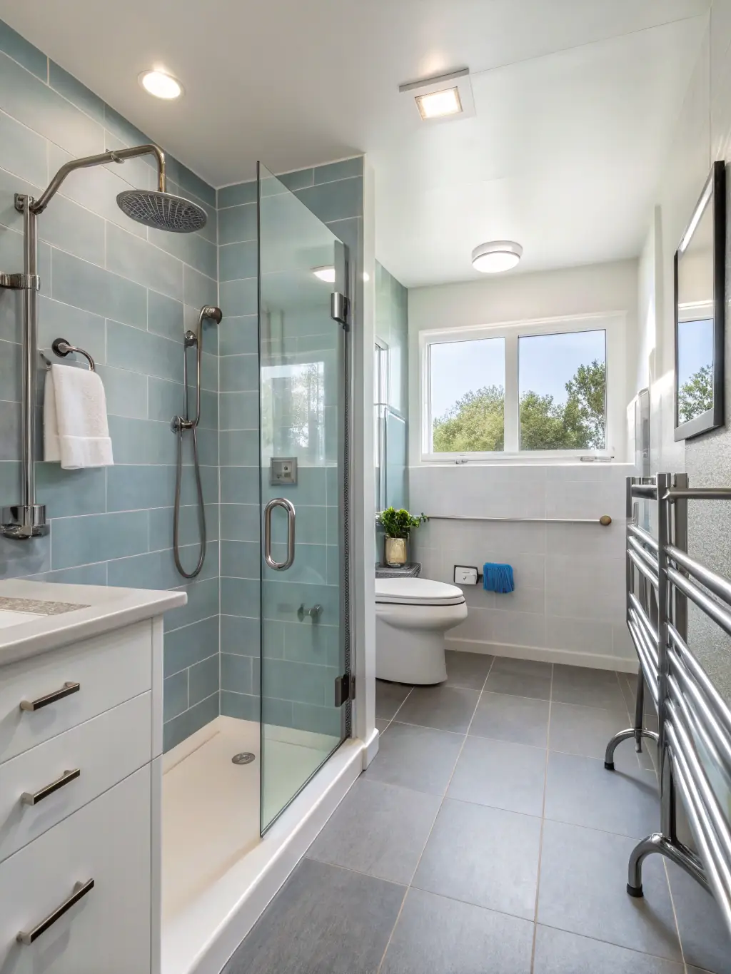 A bathroom designed for accessibility, featuring grab bars, a roll-in shower, and an accessible vanity, demonstrating Upstate Bath Renewal's commitment to inclusive design.