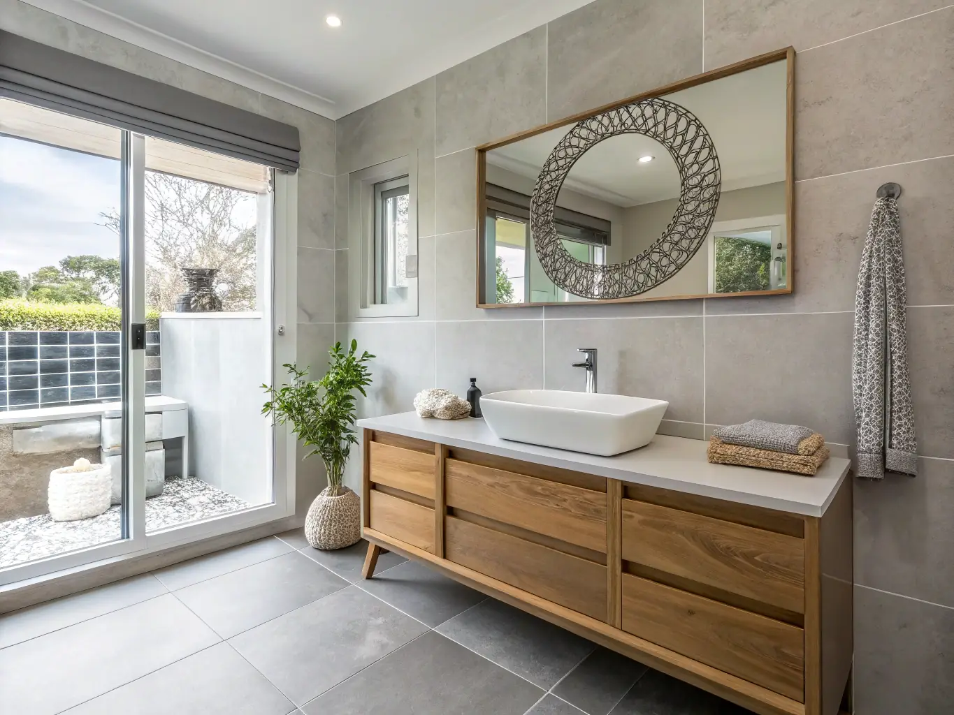 A brightly lit, modern bathroom design showcasing a sleek vanity, updated fixtures, and stylish tile work, representing the design inspiration found within the free guide offered by Upstate Bath Renewal.