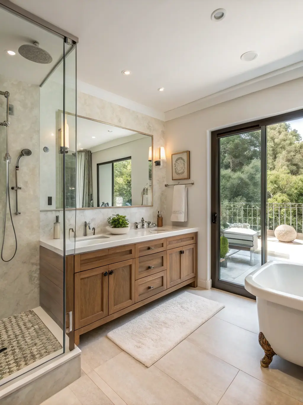 A beautifully remodeled bathroom featuring a modern, walk-in shower with glass doors and sleek, minimalist fixtures, showcasing Upstate Bath Renewal's expertise in full bathroom remodels.