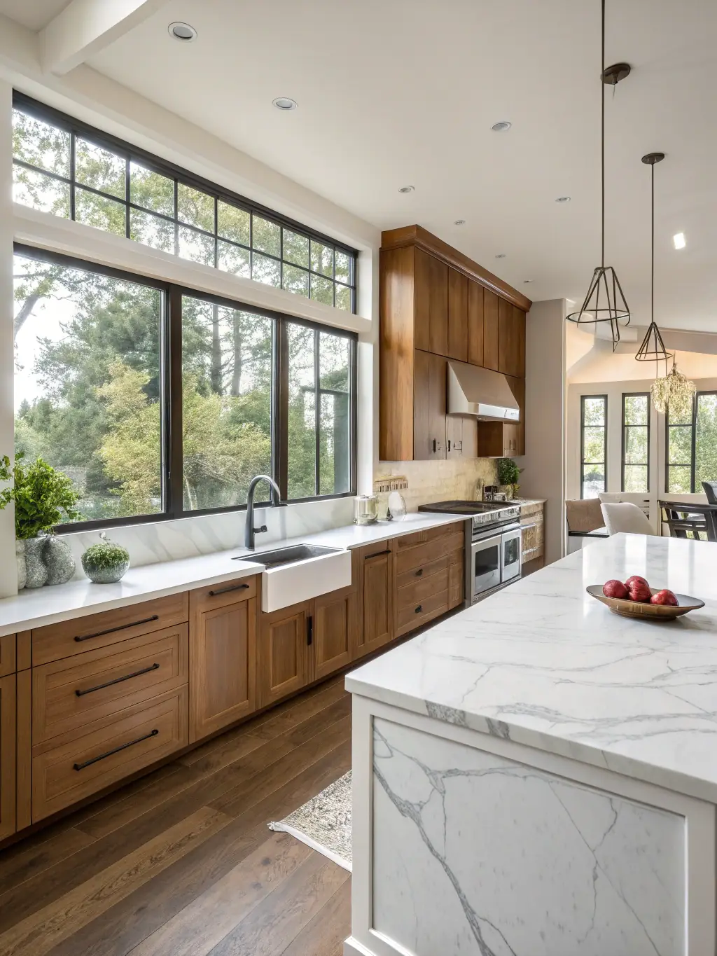 A beautifully remodeled Anderson kitchen featuring custom-built white cabinetry, a large island with a quartz countertop, and modern pendant lighting.