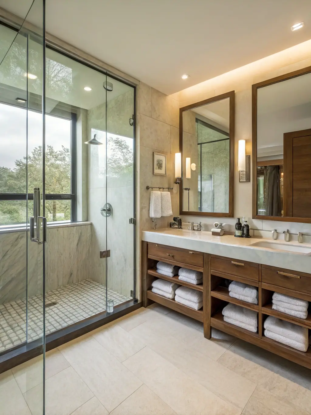 A modern bathroom in Spartanburg featuring a sleek, newly installed walk-in shower with glass doors and stylish tile work.
