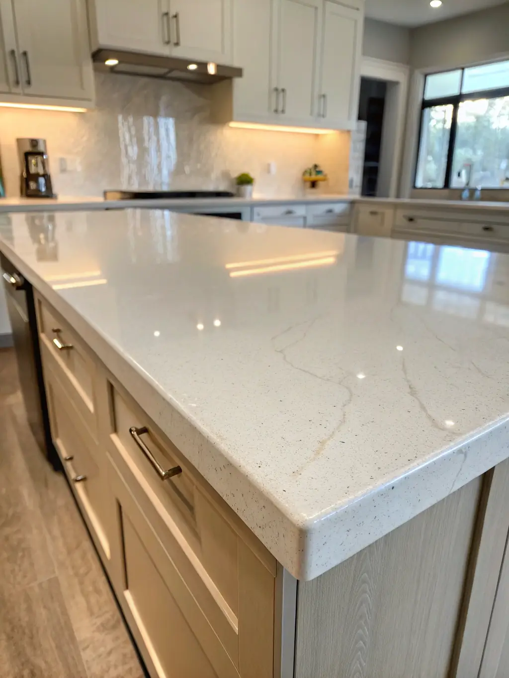 A close-up shot of a luxurious quartz countertop in an Anderson kitchen, highlighting its unique veining and durability.