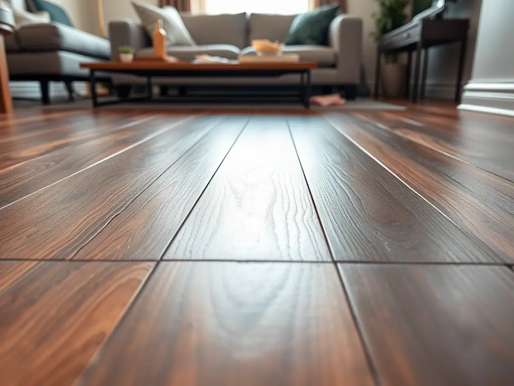 A modern kitchen with durable and stylish hardwood flooring installed by Krew Home Remodeling, enhancing both aesthetics and functionality.
