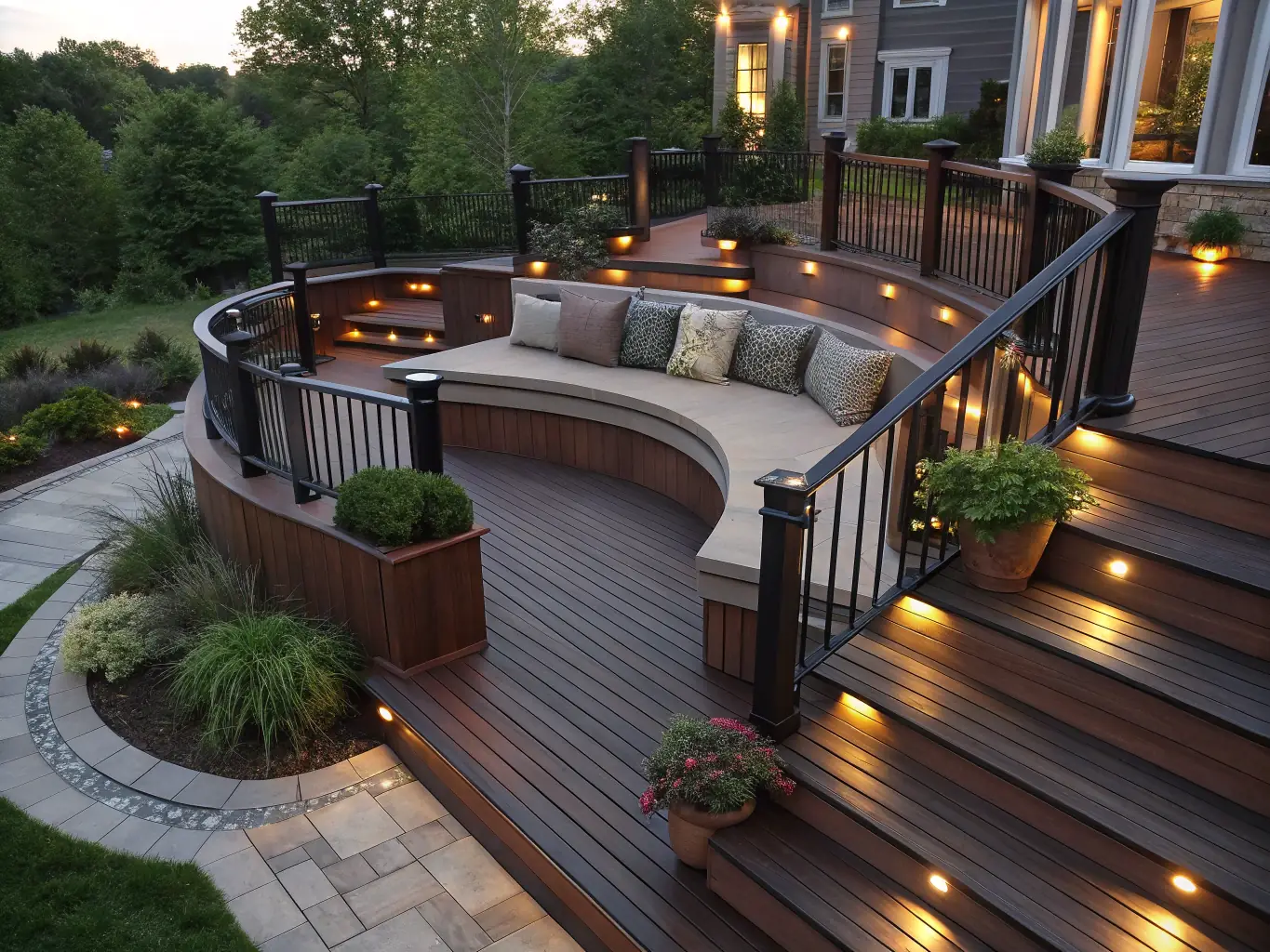 A spacious, multi-level wooden deck with built-in seating and lighting, designed and constructed by Krew Home Remodeling for outdoor entertaining and relaxation.