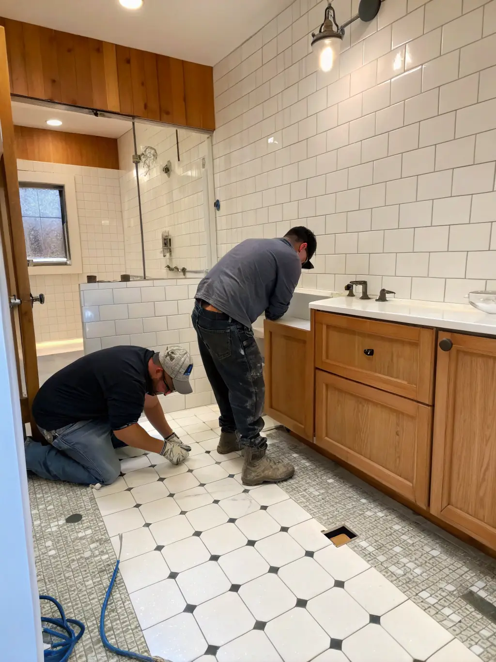 A Krew Home Remodeling crew working diligently on a bathroom remodel, showcasing their professional execution and attention to detail.