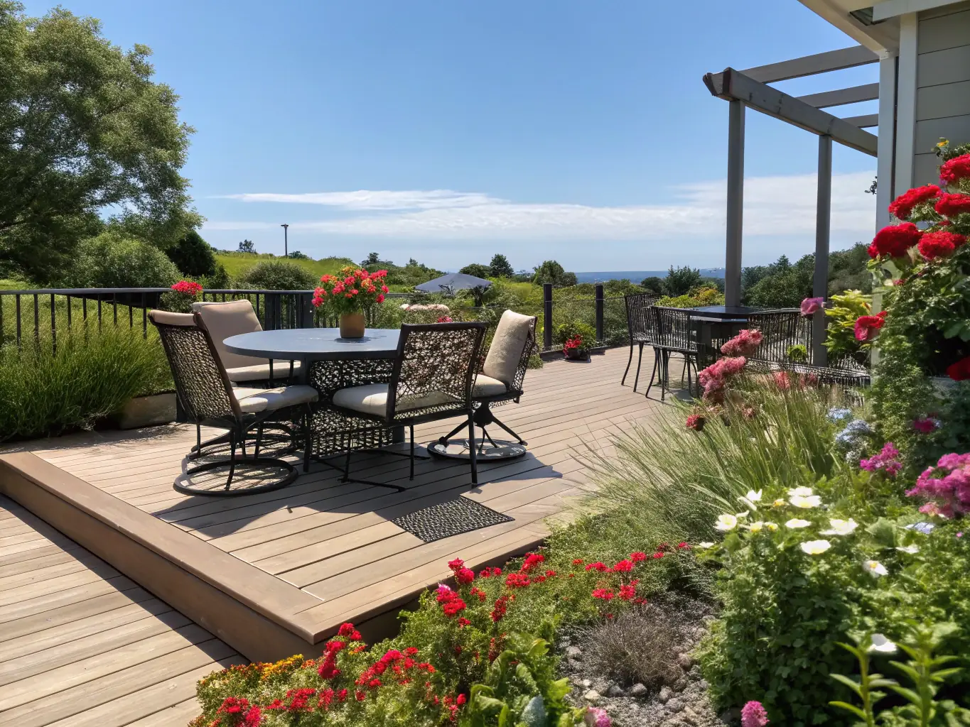 A beautifully constructed wooden deck extending from a home into a well-manicured backyard, complete with outdoor furniture and a grill, representing Krew Home Remodeling's custom deck services.