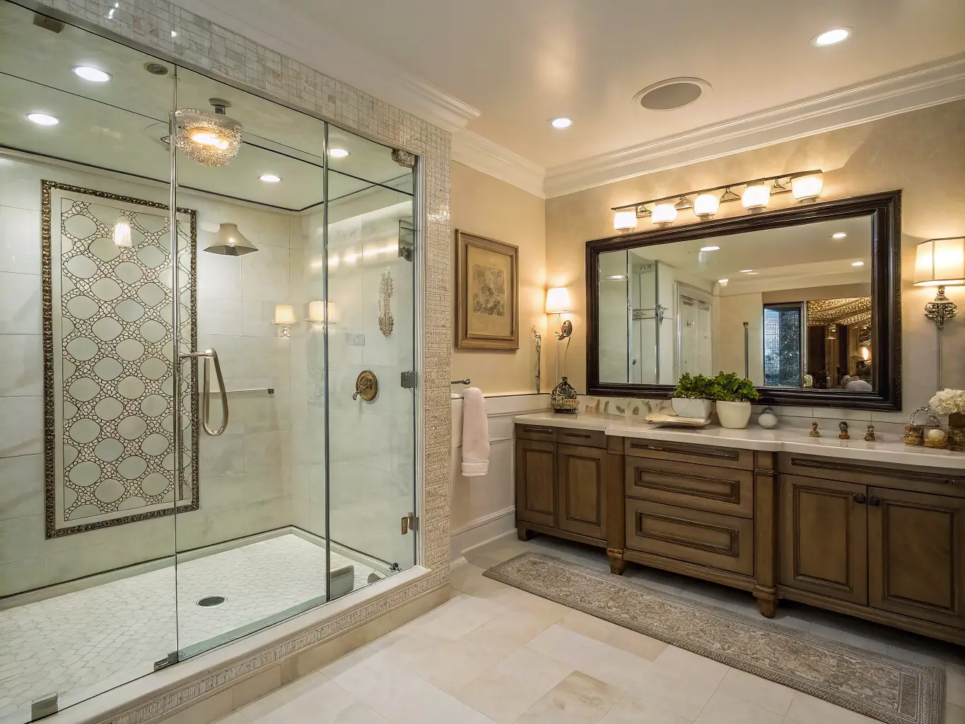 A brightly lit, modern bathroom featuring a walk-in shower, elegant vanity, and stylish tile work, showcasing a recent bathroom remodel by Krew Home Remodeling.